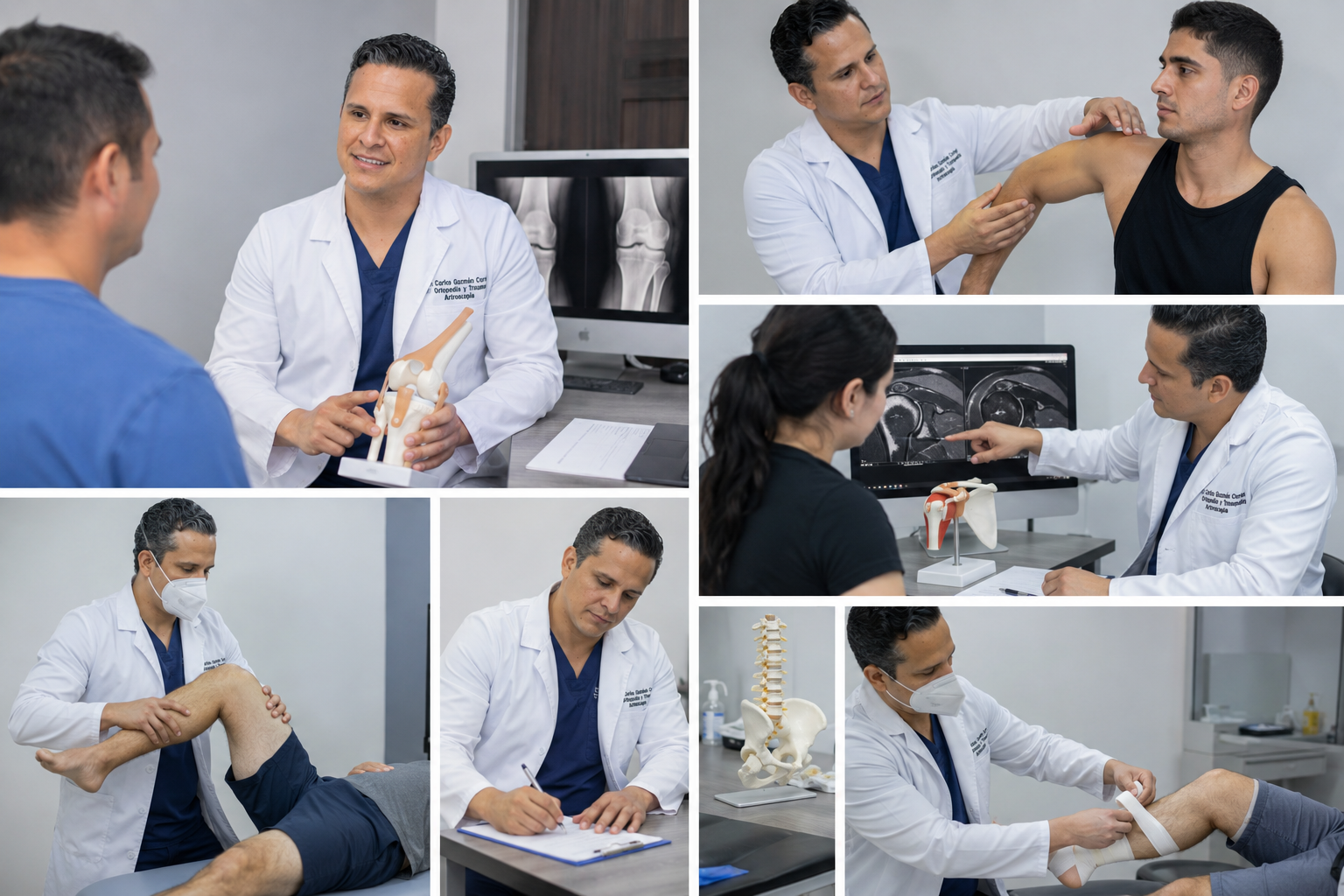 Dr. Carlos Guzmán atendiendo pacientes en consulta ortopédica